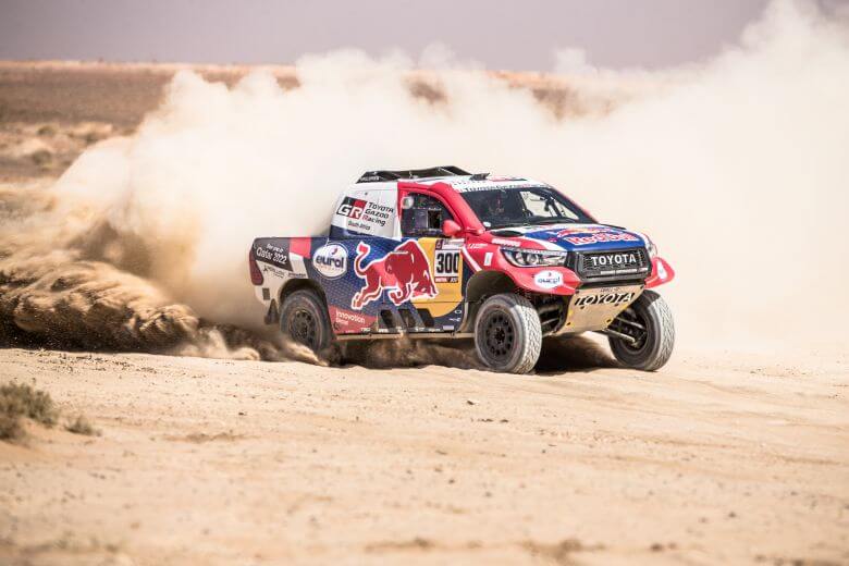 Nasser Al-Attiyah and Matthieu Baumel of Toyota Gazoo Racing SA perform in Erfoud , Morocco on October 1, 2019