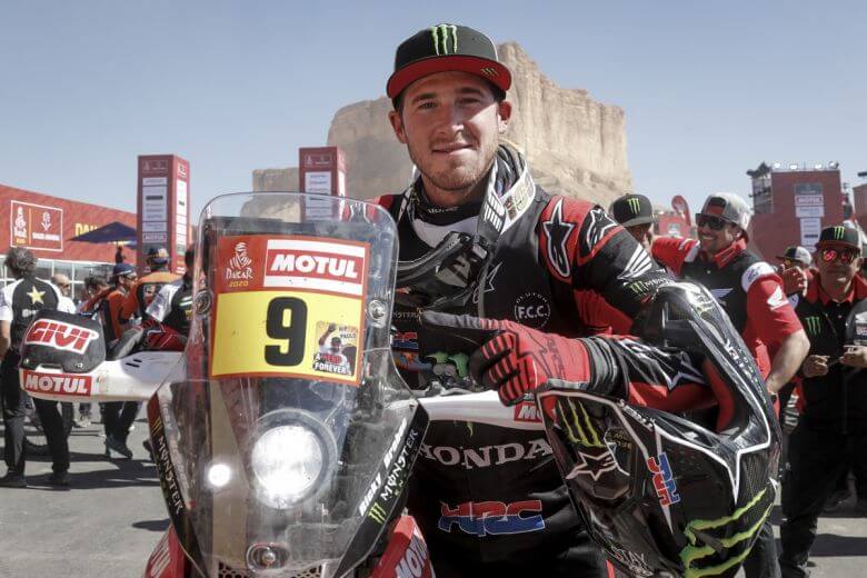 Ricky Brabec after he won the 2020 Dakar Rally on his Honda Dirt Motorcycle