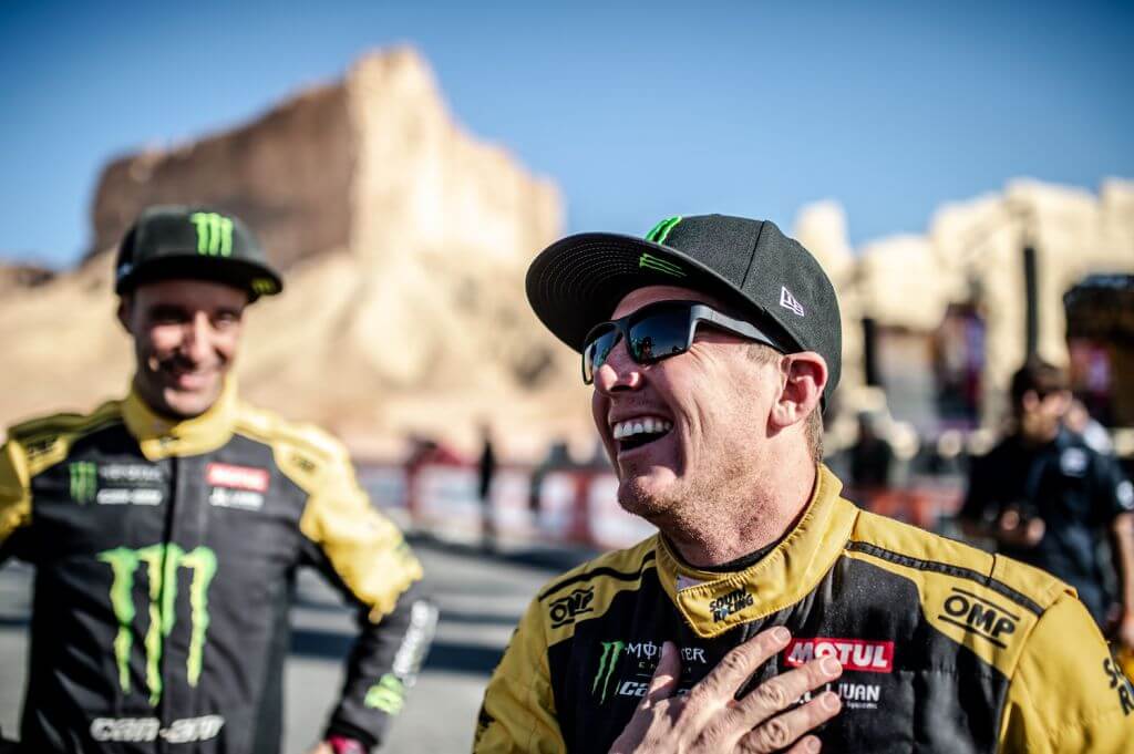 Casey Currie smiling at the finish line of the 2020 Dakar Rally